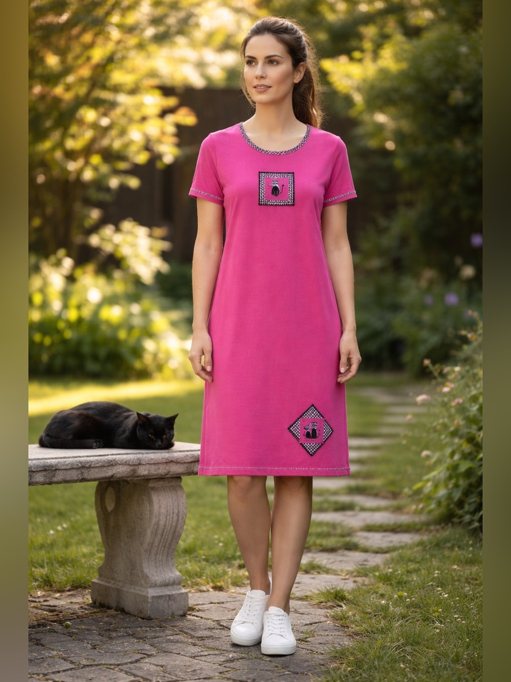 NWT CITE Black Cat Gingham Trim Pink Novelty Knit T-Shirt Dress Size XS Petite